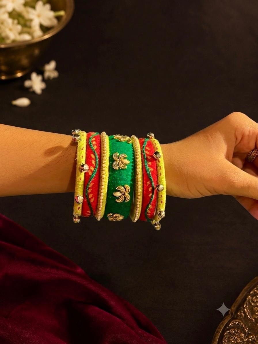Green & Red Bell Embellished Handcrafted Bangle Set