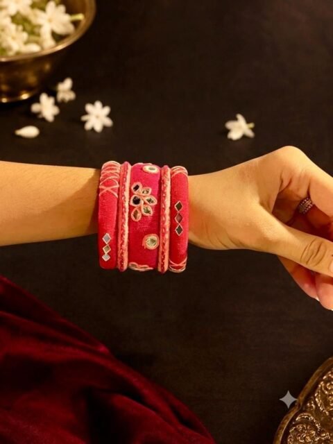 Red Mirror Work Thread-Wrapped Bangle Set