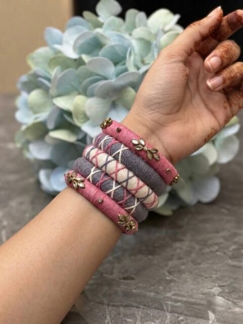 Pink & Grey Floral Embellished Thread Bangle Set