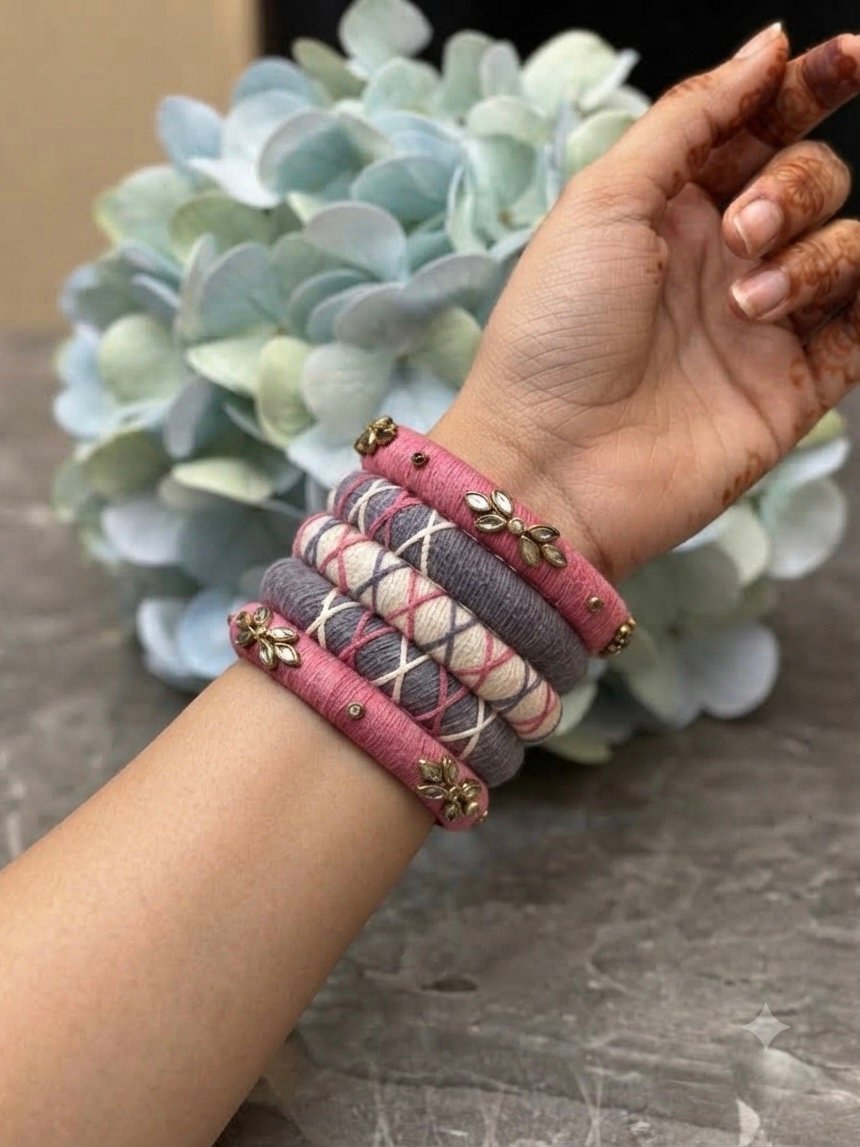 Pink & Grey Floral Embellished Thread Bangle Set
