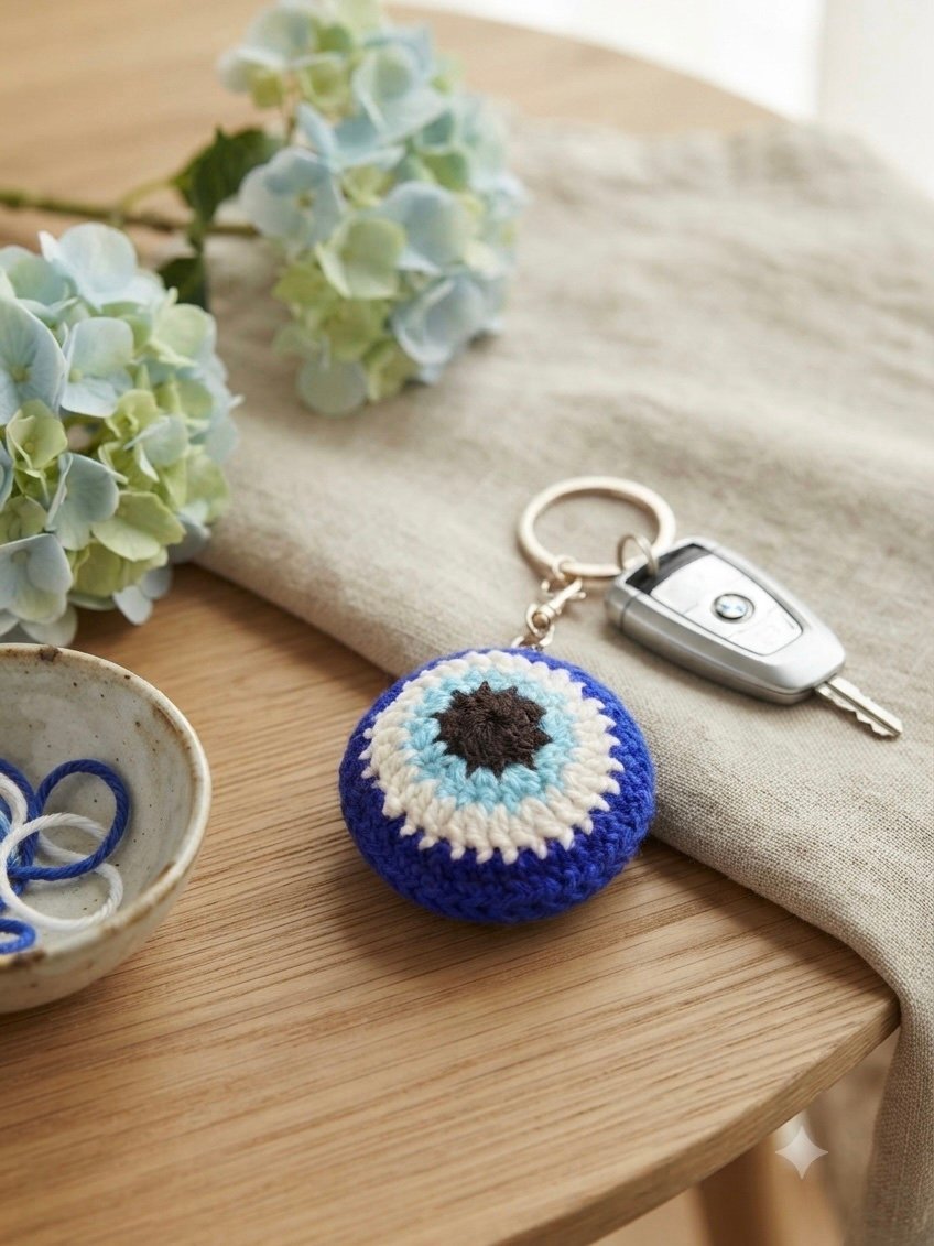 Handmade Blue & White Crochet Round Keychain