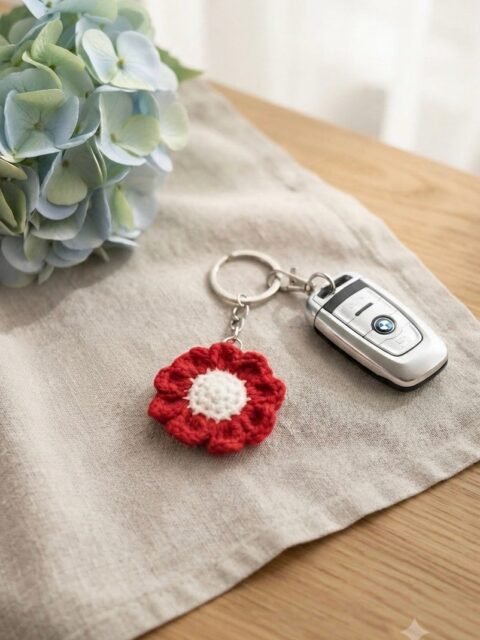Handmade Red & White Crochet Flower Keychain