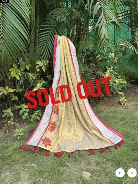 Elegant Tissue Cotton Saree with Hand-Painted Lotus Motifs and Delicate Thread Embroidery
