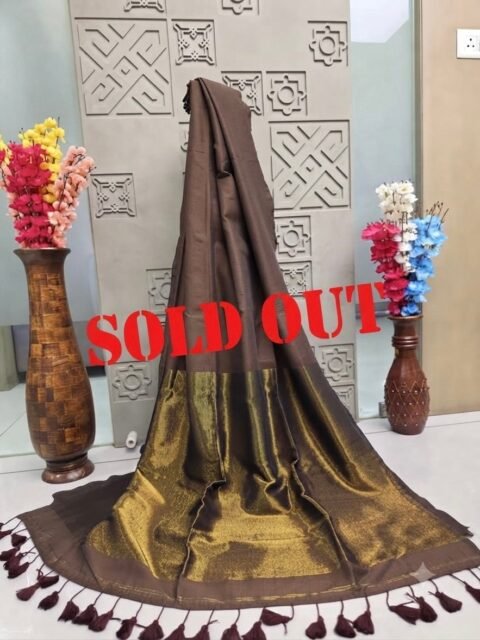 Chocolate Brown Saree with Antique Gold Border & Tassel Detailing