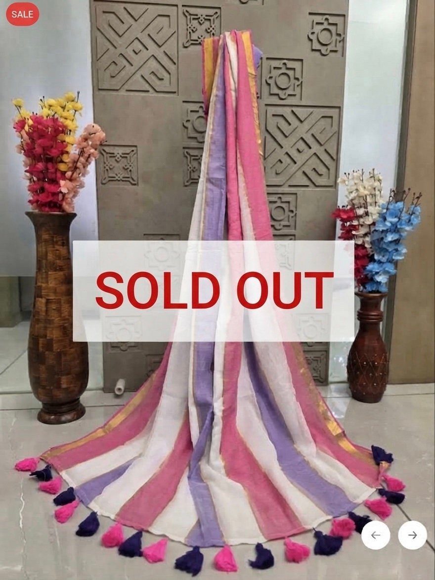 Pink, Lavender & White Striped Saree with Tassel Border