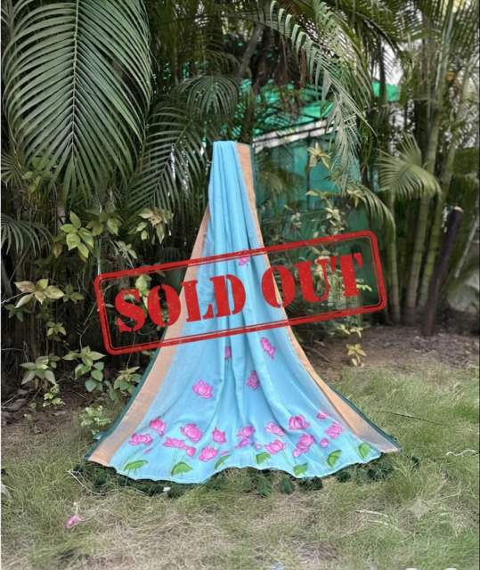 Sky Blue Saree with Pink Lotus Floral Detailing & Peach-Gold Border