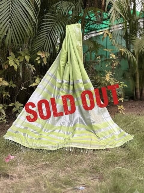 Crush Tissue Linen Lime Green Saree With Beads Tassel